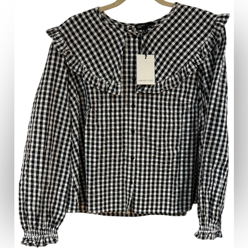 🖤🤍 Nobody's Child Black & White Gingham Ruffle Collar Button-Front Blouse - Picture 6 of 10